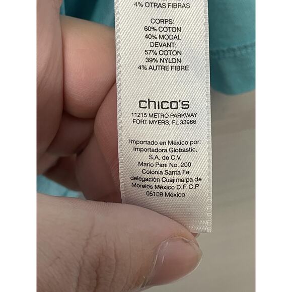 Chico's Shirt Womens Medium Aqua Blue Lace Crochet V-Neck Short Sleeve Modal - Picture 8 of 10